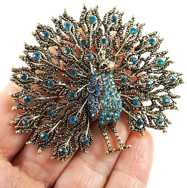 Peacock Blue Crystal Bling Brooch Womens Casual Rhinestone Sparkling Pin New