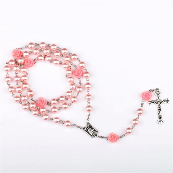 6MM Pink Pearl Beaded Rose Rosary Necklace Women Chain Crucifix Cross Pendant