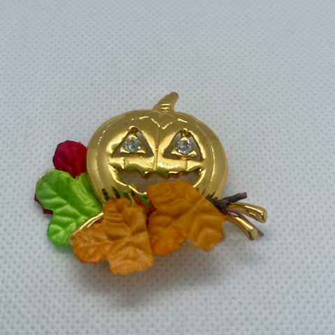 Vintage Gold Jack-O-Lantern Fall Halloween Crystal Pumpkin Brooch Pin