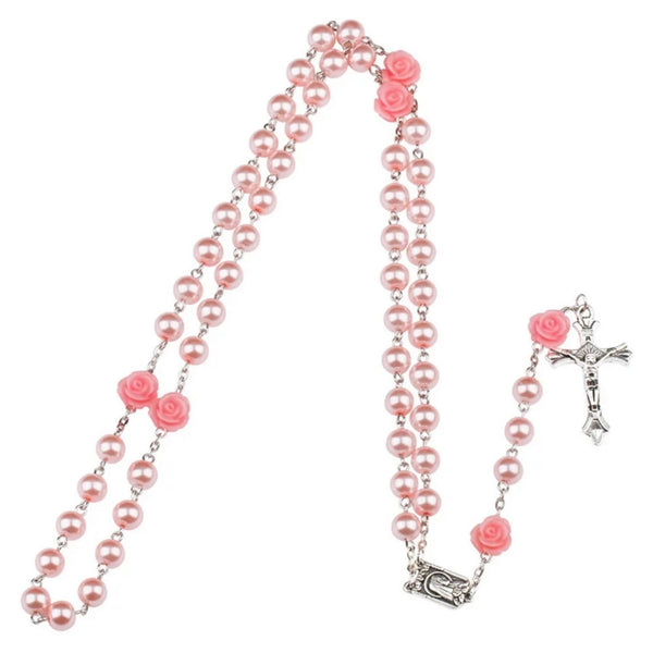 6MM Pink Pearl Beaded Rose Rosary Necklace Women Chain Crucifix Cross Pendant