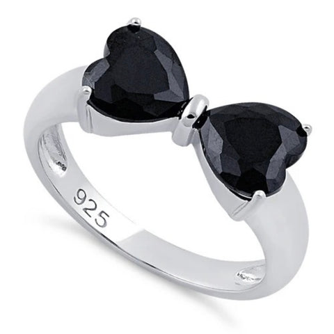 Sterling Silver Bow Heart Cut Black CZ Ring Womens Statement Jewelry