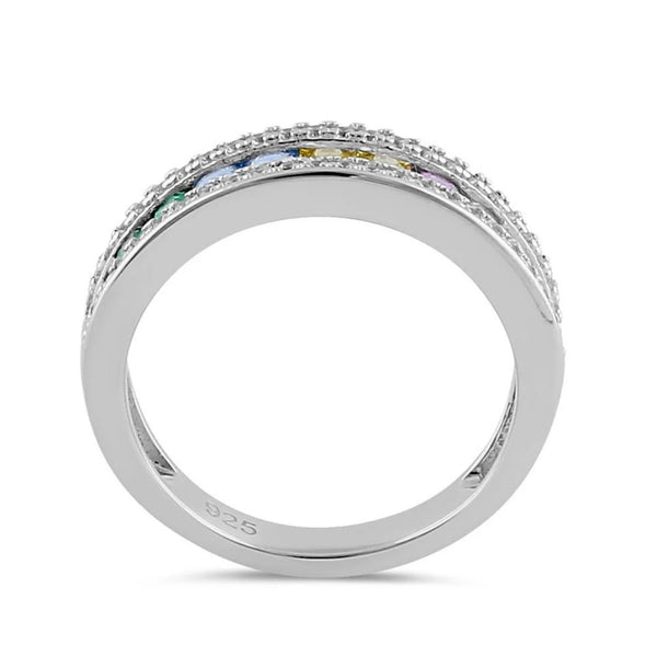 Sterling Silver Multicolor Rainbow CZ Band Ring