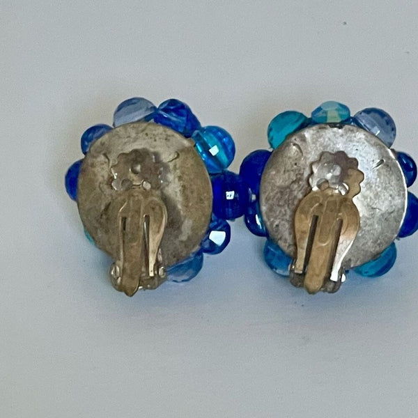 Vintage Round Blue Cluster Beaded Clip On Earrings