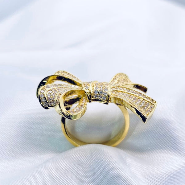 Rhinestone Bow Ring Womens Gold Plated Sterling Silver Statement Jewelry