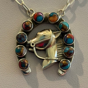 Stunning 10 Multi Turquoise Gemstone Horse W Horseshoe Sterling Silver Necklace