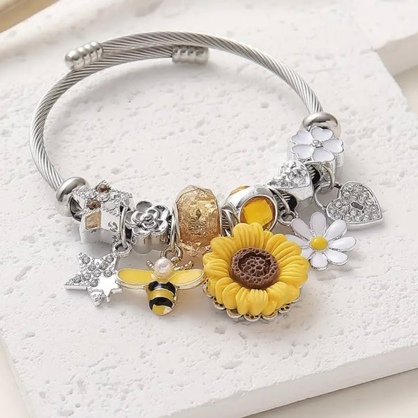 New Sunflower & Bee Charm Stainless Steel Bracelet With Rhinestones Womens