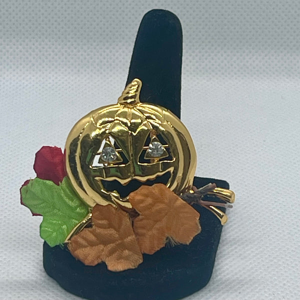 Vintage Gold Jack-O-Lantern Fall Halloween Crystal Pumpkin Brooch Pin