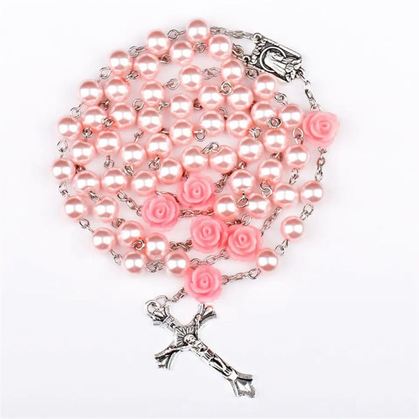 6MM Pink Pearl Beaded Rose Rosary Necklace Women Chain Crucifix Cross Pendant