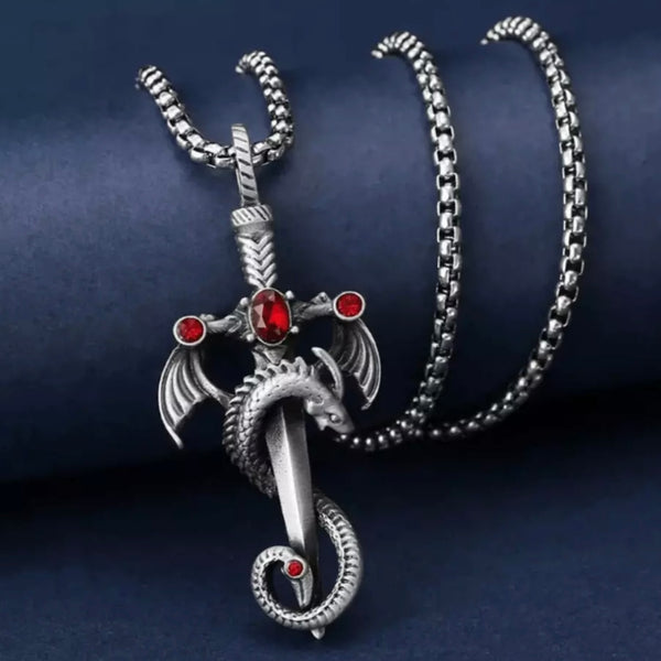 Winged Dragon Ruby Dagger Sword Pendant 24” Silver Necklace Men’s Womens Gothic