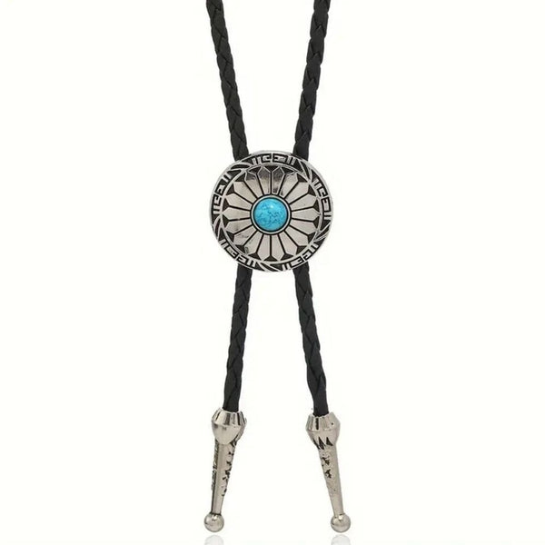 Turquoise Stone Small Round Concho Bolo Tie Mens Casual