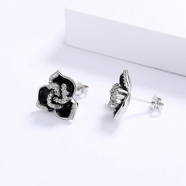 Sterling Silver Black Flower Enamel Drip Rhinestone Earrings Womens New