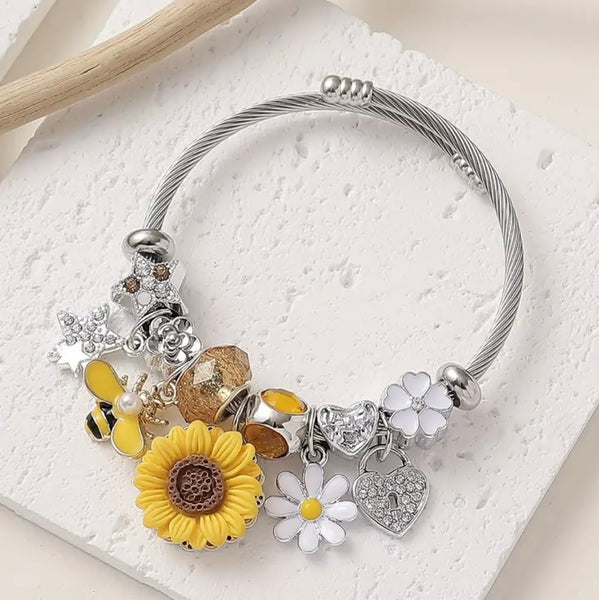 New Sunflower & Bee Charm Stainless Steel Bracelet With Rhinestones Womens