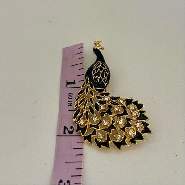 Vintage Peacock Brooch Rhinestone  Gold & Black Lapel Pin