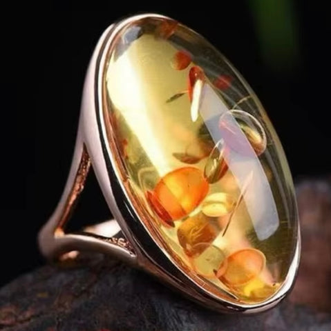 New Natural Baltic Amber Silver Adjustable Oval Ring Women Fashion Jewelry