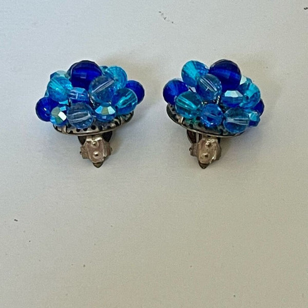 Vintage Round Blue Cluster Beaded Clip On Earrings