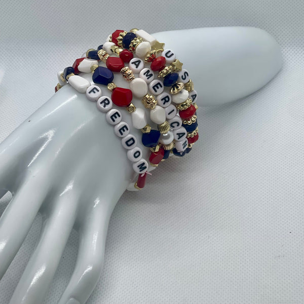 4th Of July Patriotic American USA Freedom Stretch Bangle Set Of 6 Unisex New