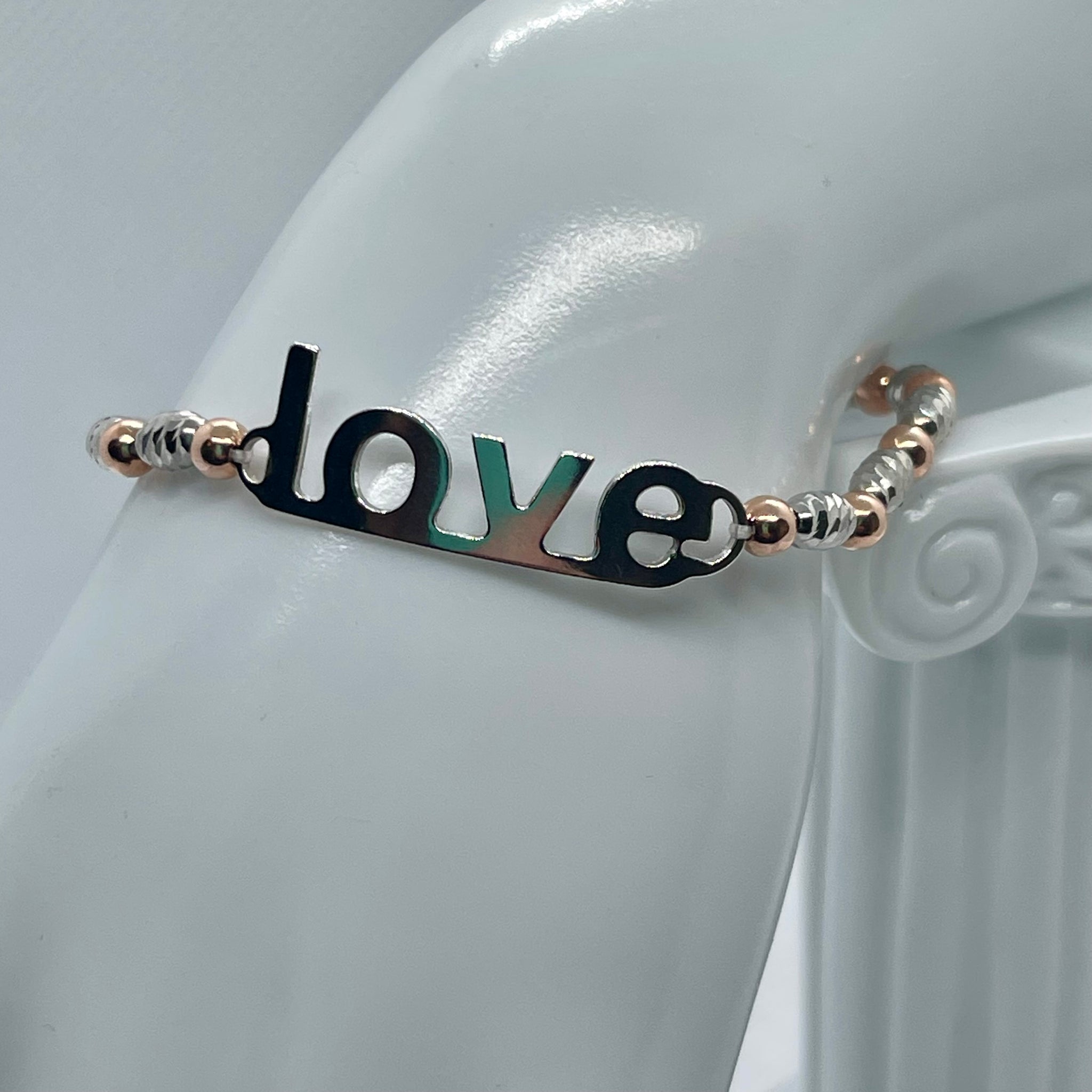 Italian Sterling Silver Spiral Rose Gold Plated Ball Beaded “Love” Bracelet