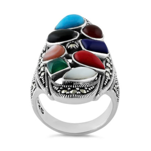 Rainbow Genuine Stone Oval Ring Womens Causal Sterling Silver Statement Jewelry