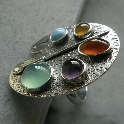 Rainbow Gemstone Painter Palette Design Womens Colorful Casual Adjustable Ring