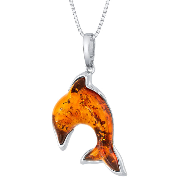 Stunning Baltic Amber Dolphin Pendant Necklace Sterling Silver New