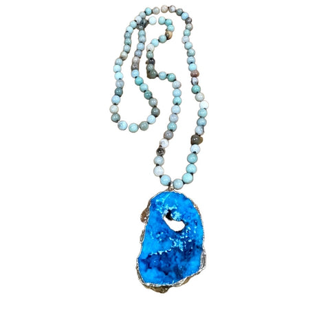 Boho Precious Stone Knotted Irregular Natural Blue Druzy Pendant Long Necklace