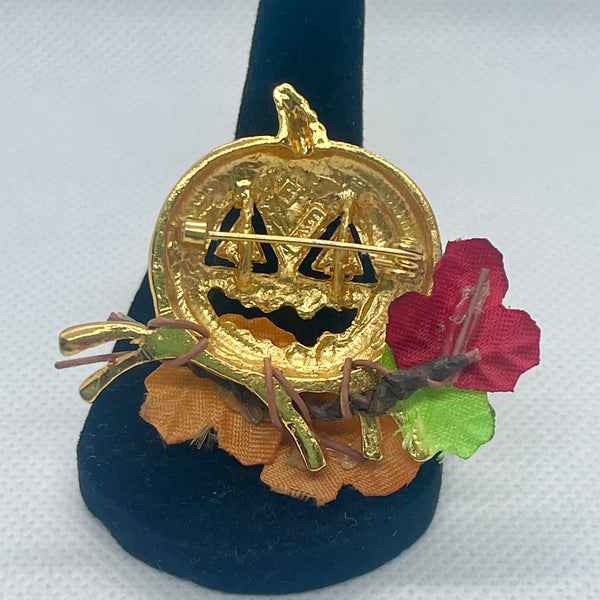 Vintage Gold Jack-O-Lantern Fall Halloween Crystal Pumpkin Brooch Pin