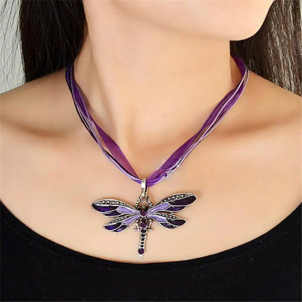 Crystal Dragonfly Ribbon Casual Pendant Purple Necklace For Women