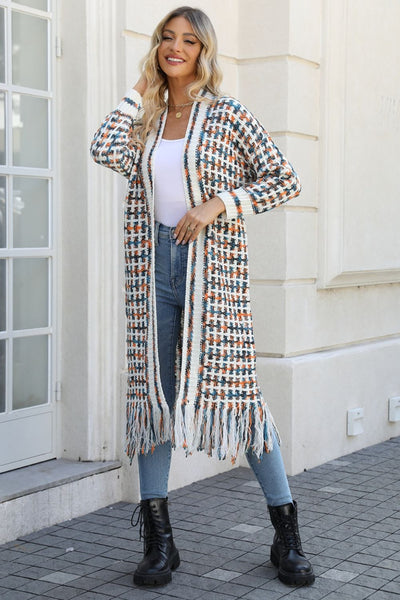 Multicolored Open Front Fringe Hem Western Boho Cardigan