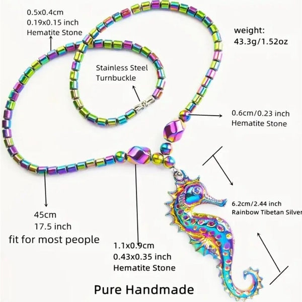 Vibrant Rainbow Hematite Stone Sea Horse Pendant Necklace