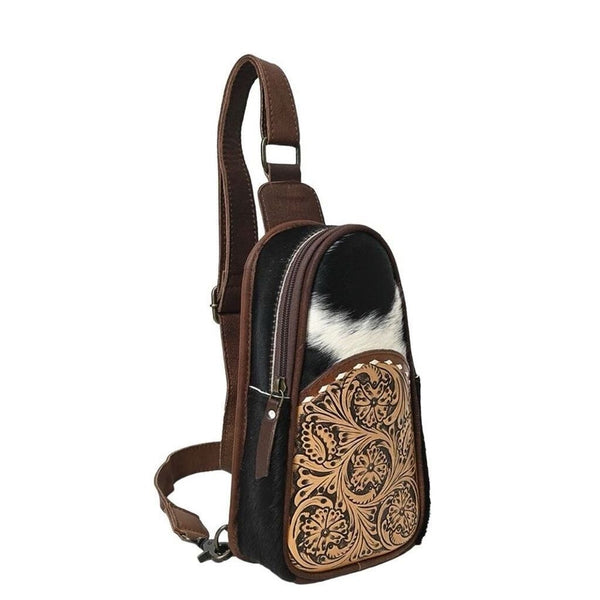 New Ohlay Bags Sling Hand Tooled Hair On Genuine Leather