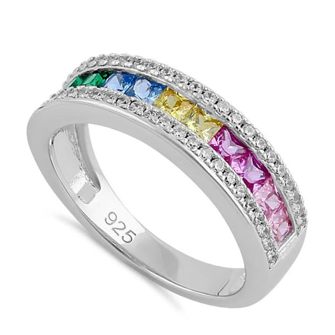 Sterling Silver Multicolor Rainbow CZ Band Ring