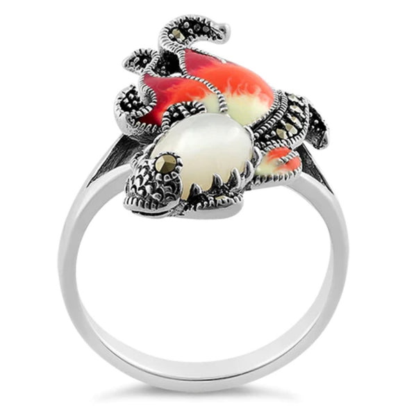 Sterling Silver Mother of Pearl Enamel Ghost Fish Marcasite Ring Size 7