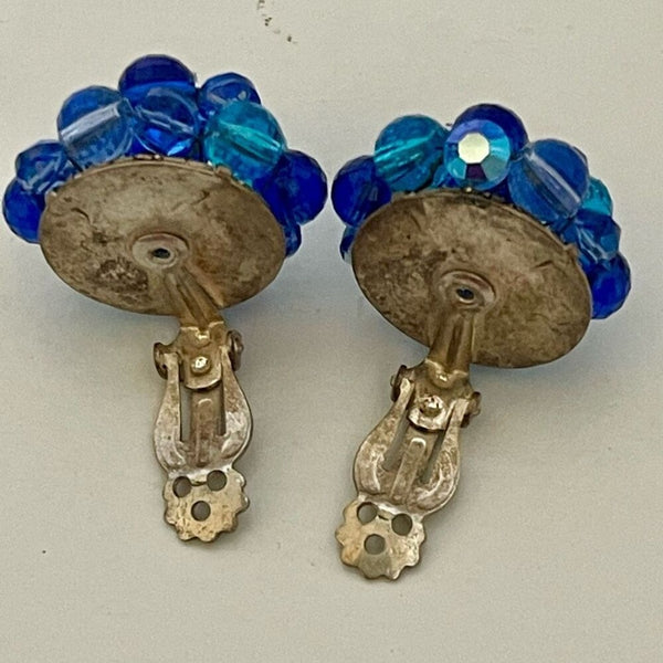 Vintage Round Blue Cluster Beaded Clip On Earrings