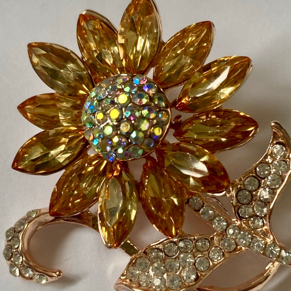 Crystal Sunflower Rhinestone Brooch Womens Floral Fashion Gold Pin