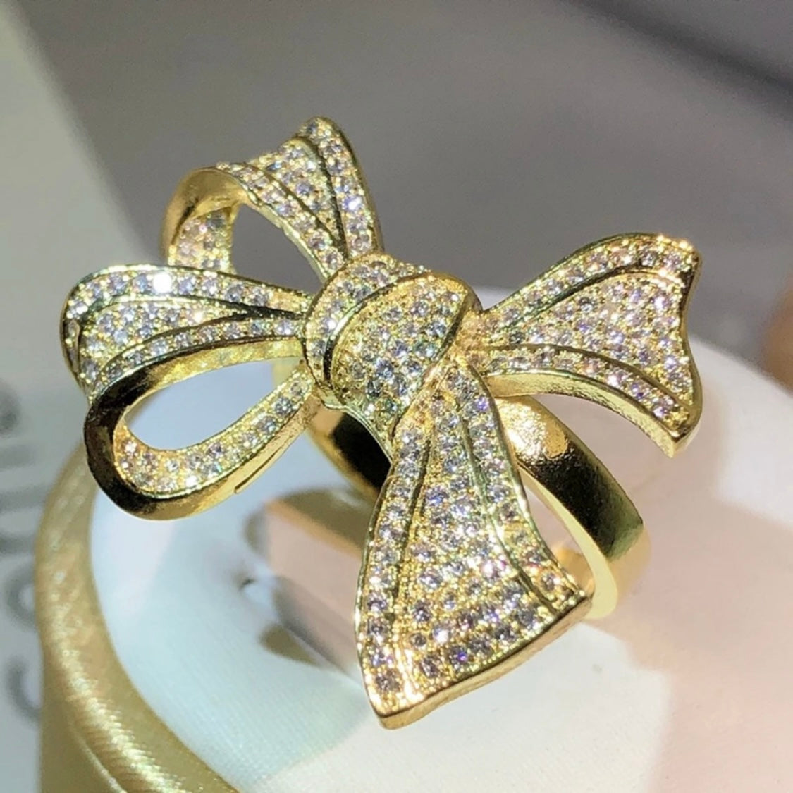 Rhinestone Bow Ring Womens Gold Plated Sterling Silver Statement Jewelry