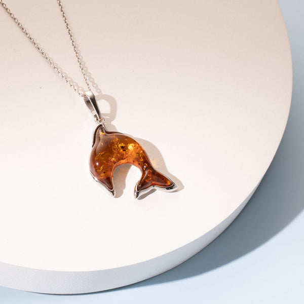 Stunning Baltic Amber Dolphin Pendant Necklace Sterling Silver New