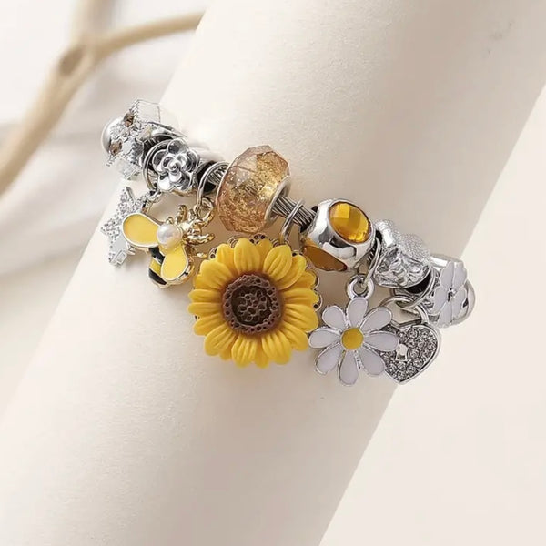 New Sunflower & Bee Charm Stainless Steel Bracelet With Rhinestones Womens