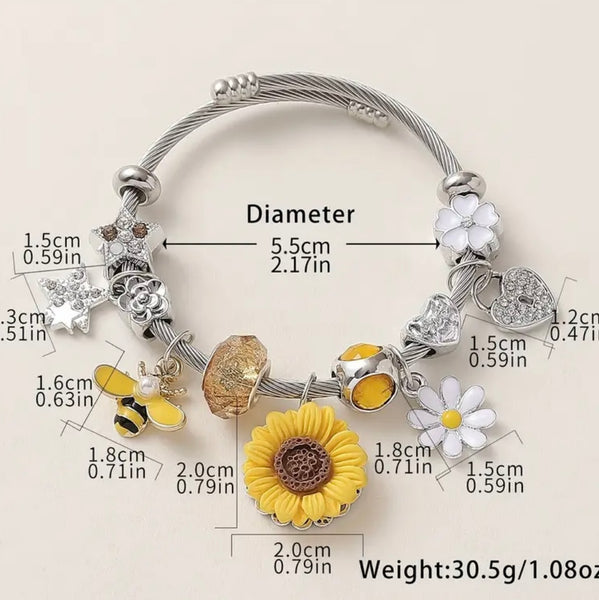 New Sunflower & Bee Charm Stainless Steel Bracelet With Rhinestones Womens