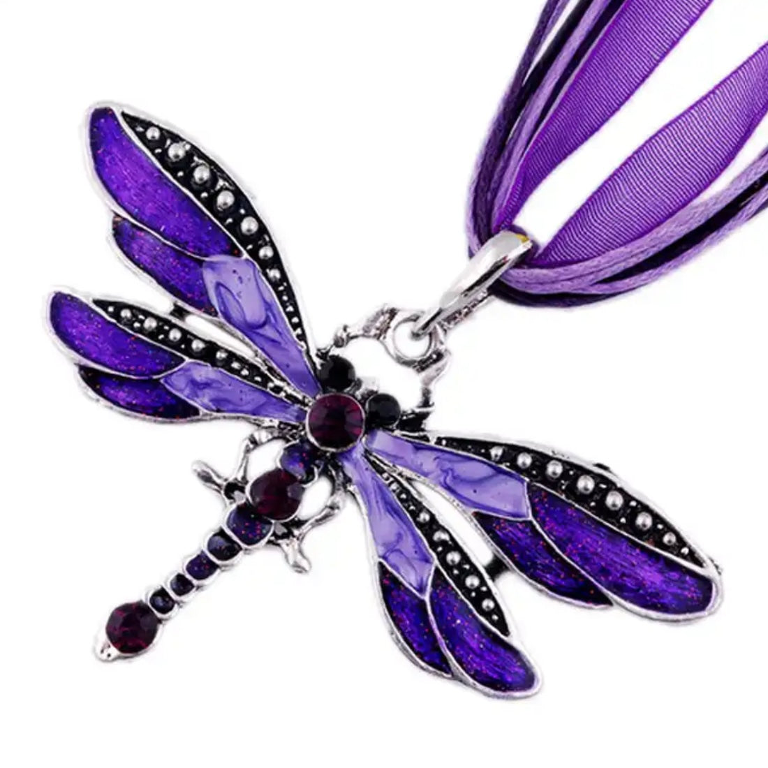 Crystal Dragonfly Ribbon Casual Pendant Purple Necklace For Women