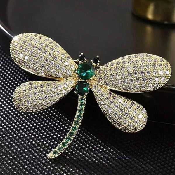 Green Crystal Dragonfly Brooch Womens Casual Rhinestone Statement Pin New