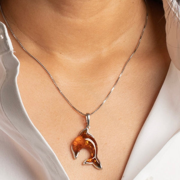 Stunning Baltic Amber Dolphin Pendant Necklace Sterling Silver New