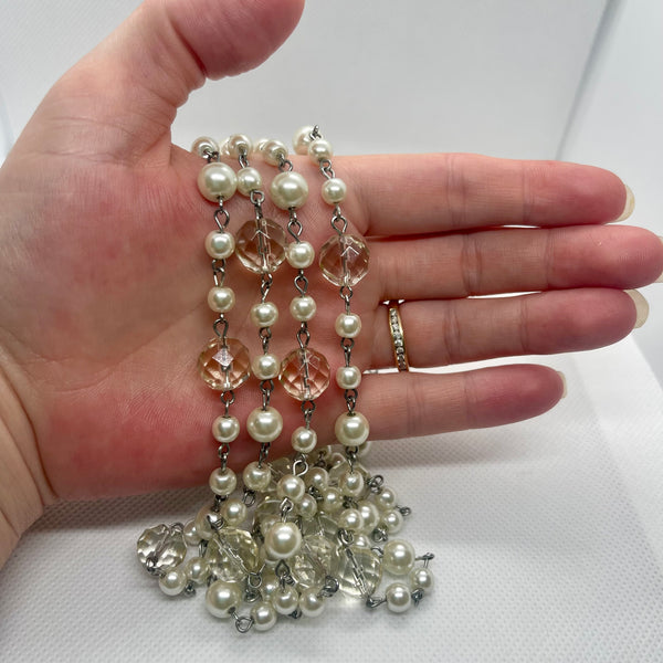 Vintage Crystal & Faux Pearl Long Single Strand Necklace Signed By Jewel Kade