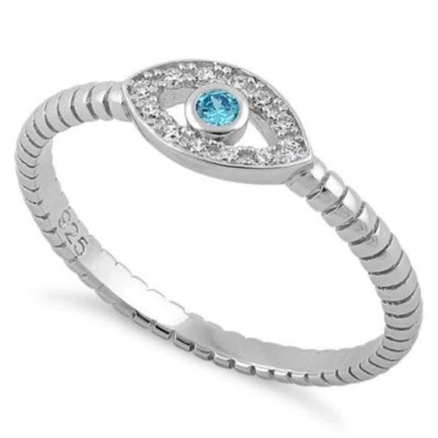 Aquamarine Blue Stone Evil Eye Sterling Silver Ring Sz 9