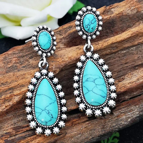 Western Boho Tibetan Natural Turquoise Dangle Teardrop Earrings Womens Casual