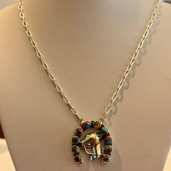 Stunning 10 Multi Turquoise Gemstone Horse W Horseshoe Sterling Silver Necklace