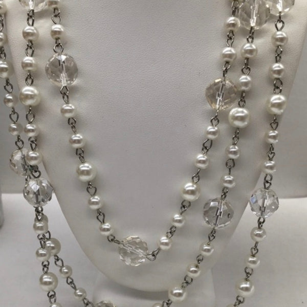 Vintage Crystal & Faux Pearl Long Single Strand Necklace Signed By Jewel Kade