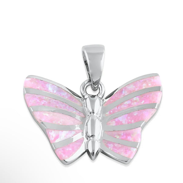 Sterling Silver Pink Butterfly Lab Opal Necklace Pendant New