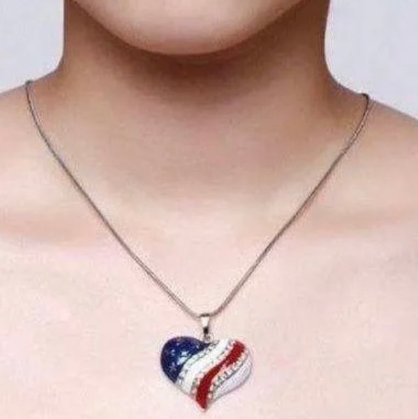 Heart Shaped American Flag Pendant Necklace Womens Casual Rhinestone Accent New