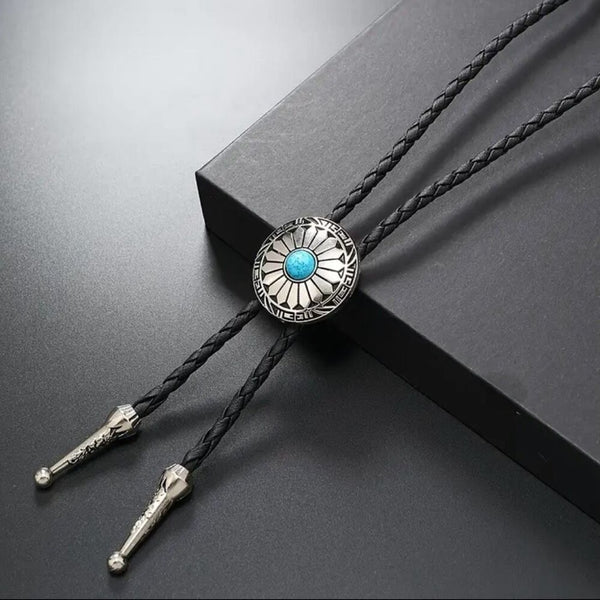 Turquoise Stone Small Round Concho Bolo Tie Mens Casual