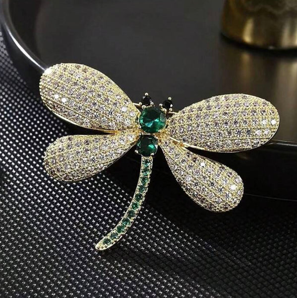 Green Crystal Dragonfly Brooch Womens Casual Rhinestone Statement Pin New